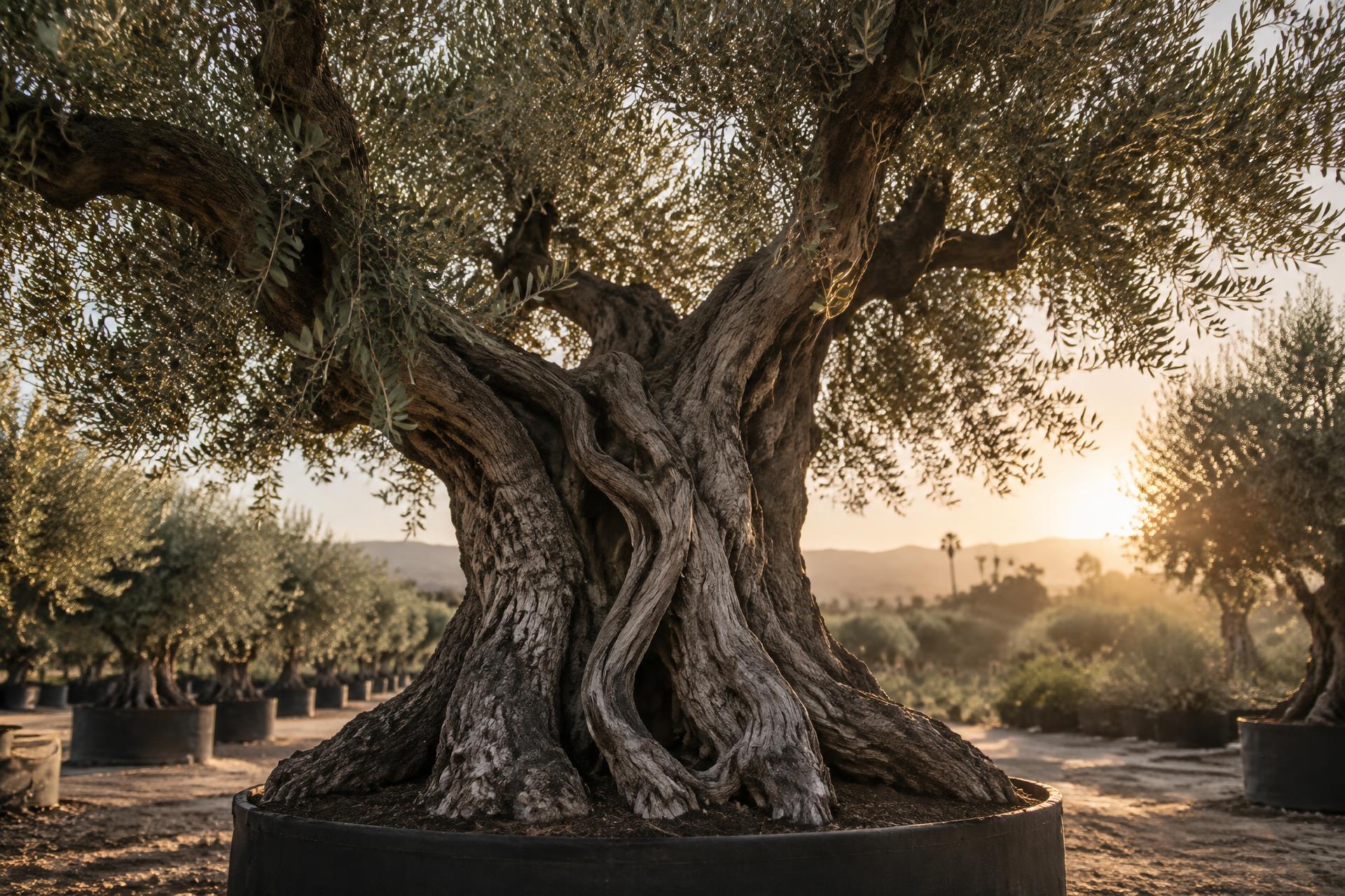 Ancient sculpted olive tree at golden hour in Rainbow, California