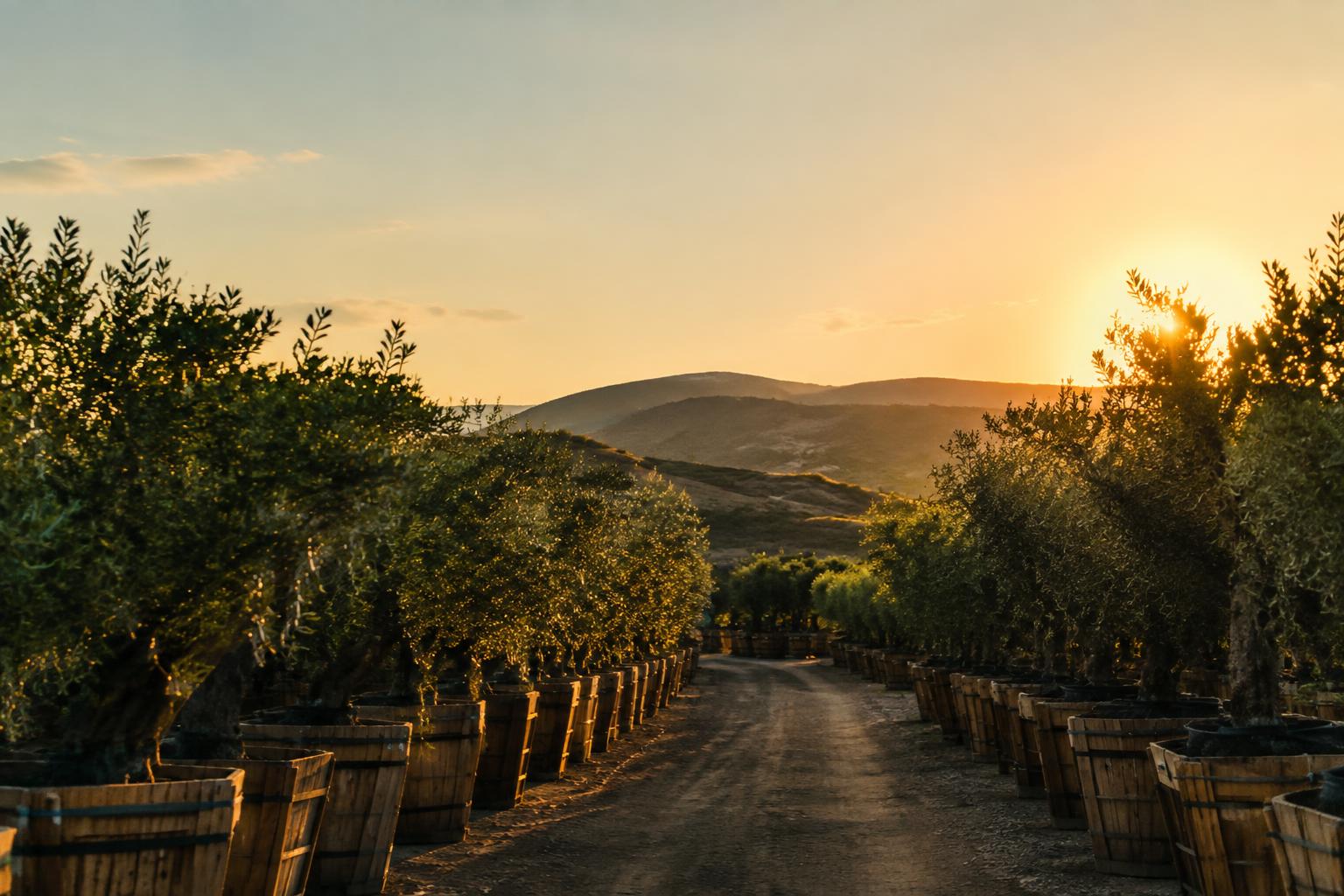 Rows of boxed olive trees at the nursery
