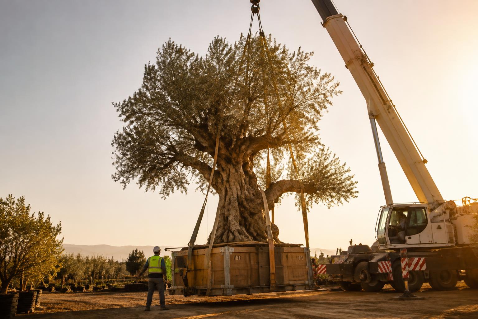 A crane lifting a boxed century-old olive tree